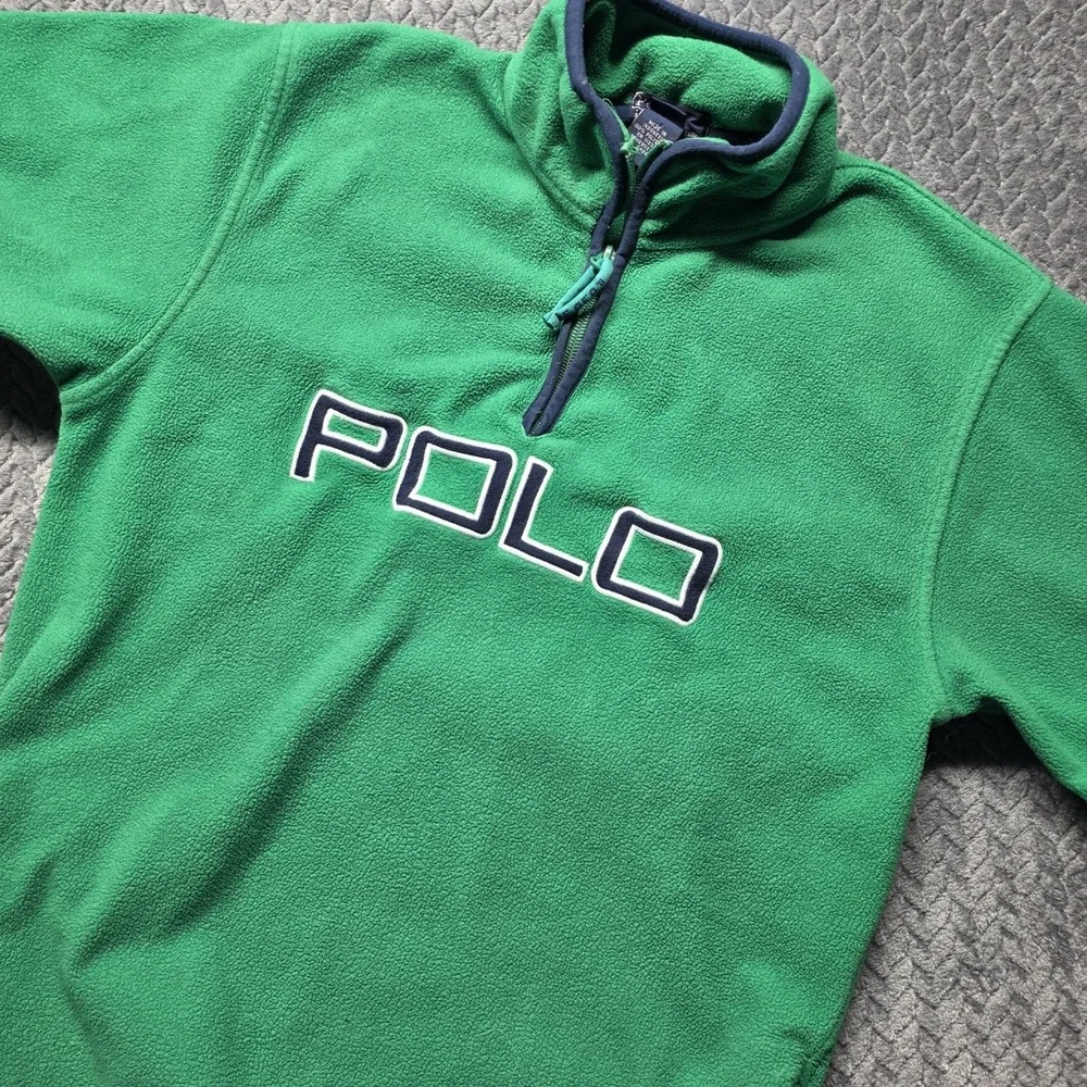 Polo by Ralph‎ Lauren Youth Quarter Zip Fleece Pullover Green Y2K Logo L 16/18